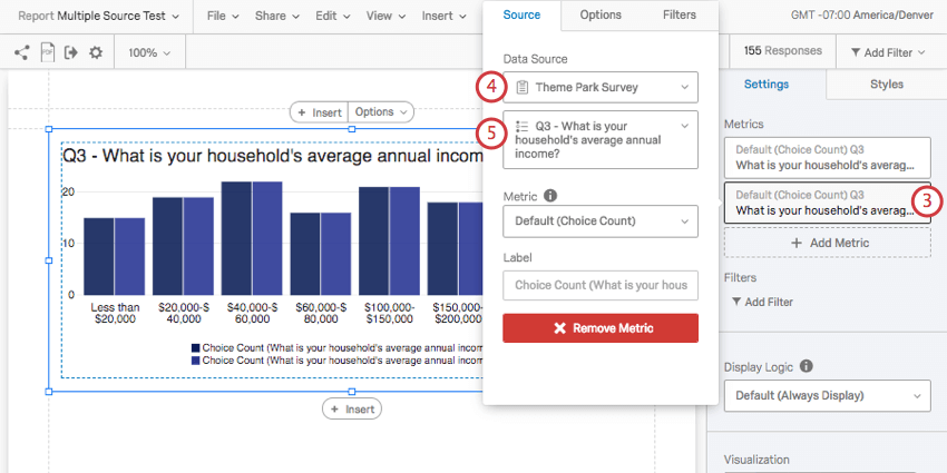 clicking the new metric opens a small window for adjusting survey and question source