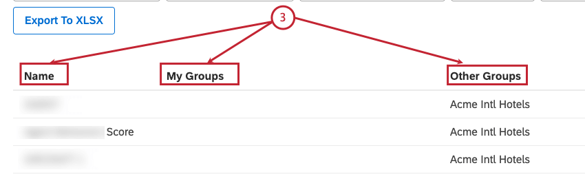 For each attribute or hidden via group access, the following information is provided: Name, My Groups and Other Groups.