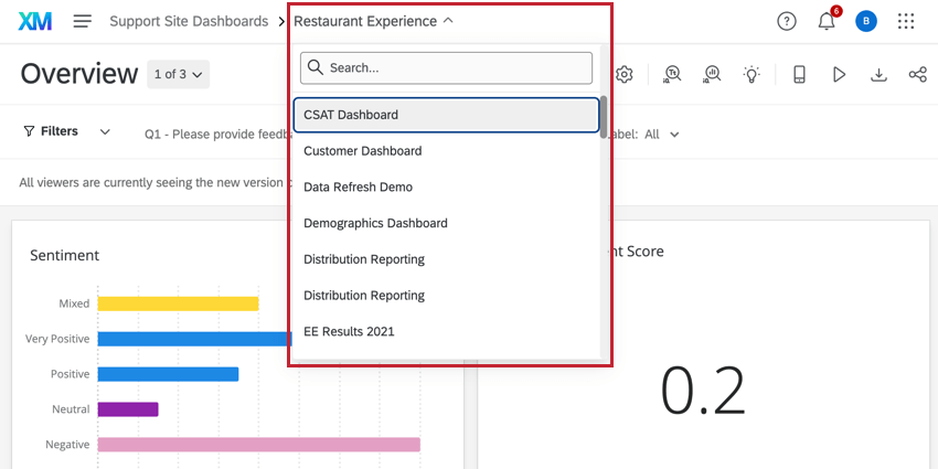 utilizzare il menu in alto a sinistra per passare da un dashboard allaltro