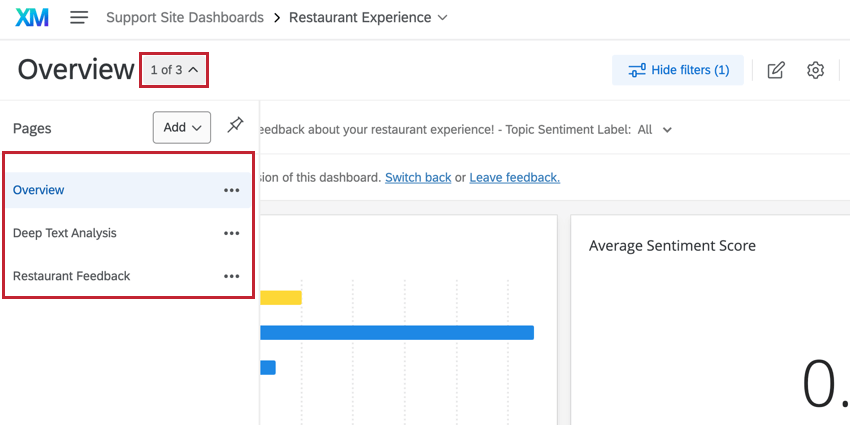 escolher uma página em um dashboard para visualizar
