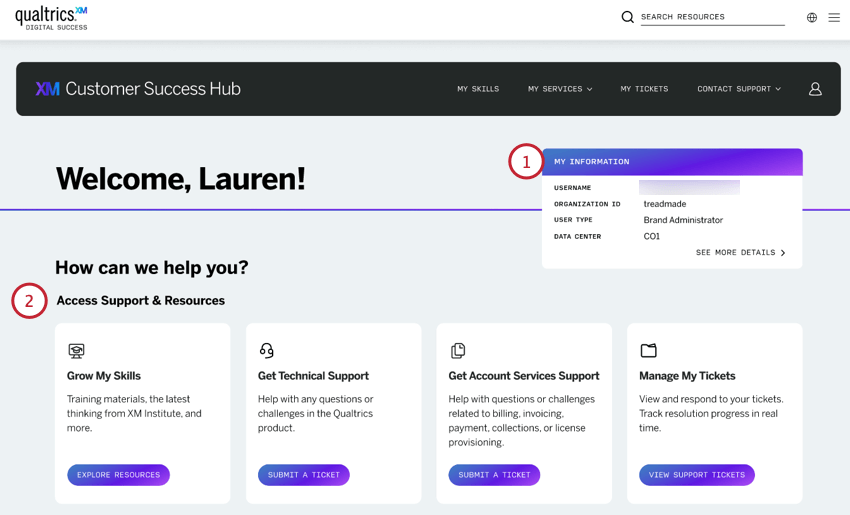 la page daccueil du hub. mes informations sont disponibles en haut. en dessous se trouvent le support &amp ; des ressources supplémentaires