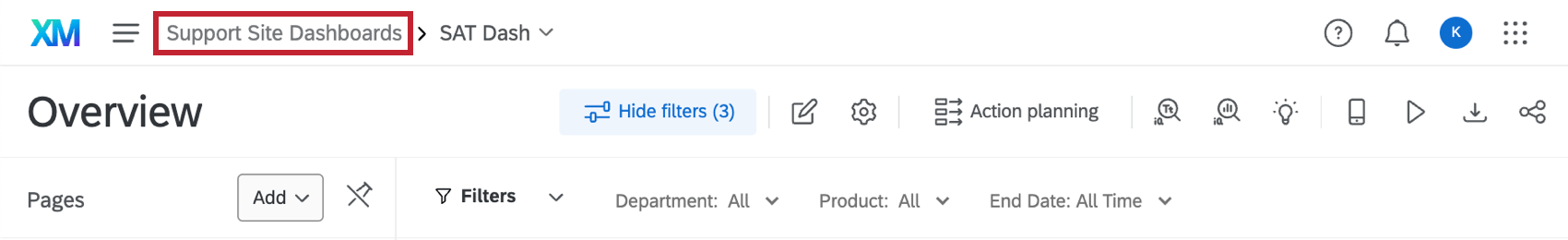 ダッシュボード内の一番上のバナー。左端にはプロジェクト名「Support site dashboards」があり、矢印の右側には現在表示されているダッシュボードの名前「SAT dash」があります。