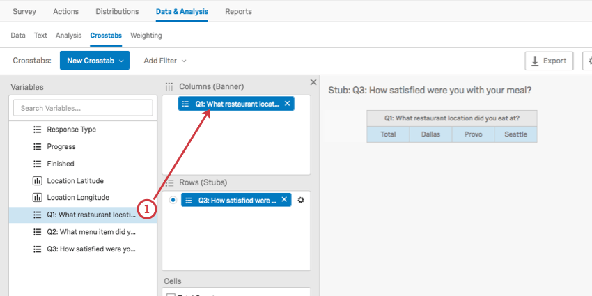 Arrastrar una variable desde la izquierda hasta el cuadro superior para las columnas