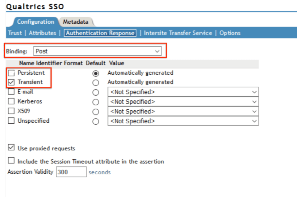 image of the Authentication Response Section of the NetIQ Configuration