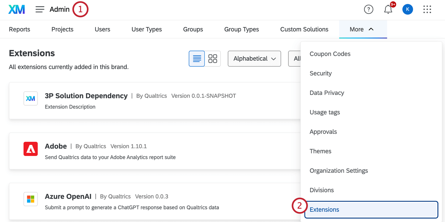 en sélectionnant Extensions dans la section Admin