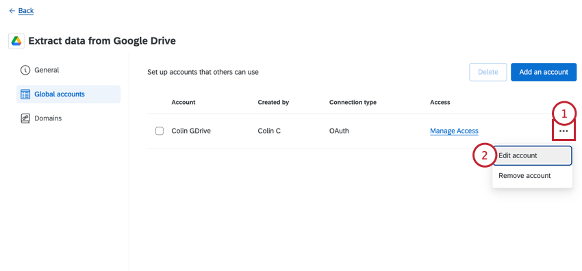 clicking the options menu and selecting edit account