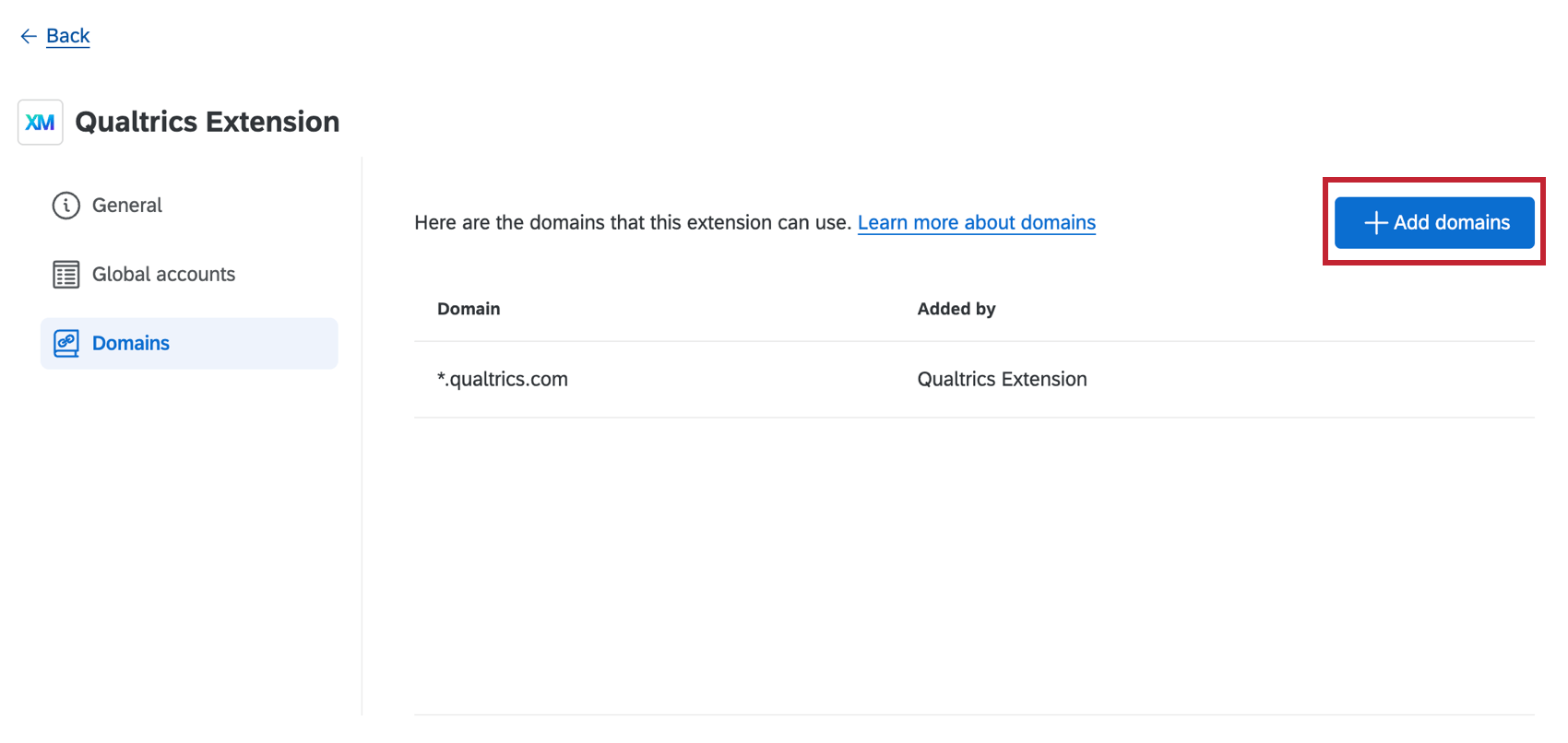 cliquer sur ajouter des domaines pour une extension