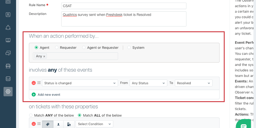 Name is Qualtrics CSAT, description is "Survey sent when ticket is resolved." Condition set to example given here, Status is resolved. Action expanded so Trigger Webhook is shown