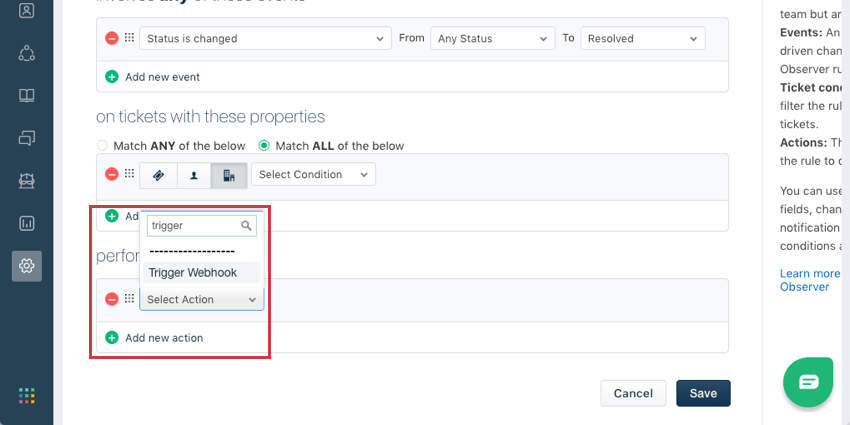 Aktion hat Menü mit hervorgehobenem Auslöser Webhook aufgeklappt