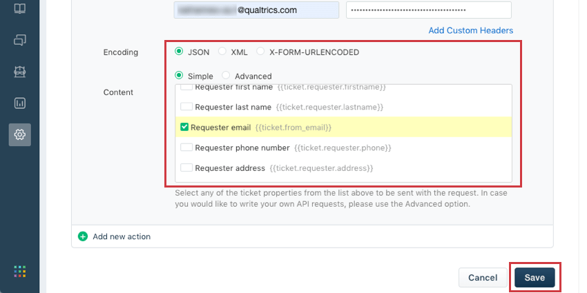 La codifica è json e lemail del richiedente è selezionata dal corpo del messaggio
