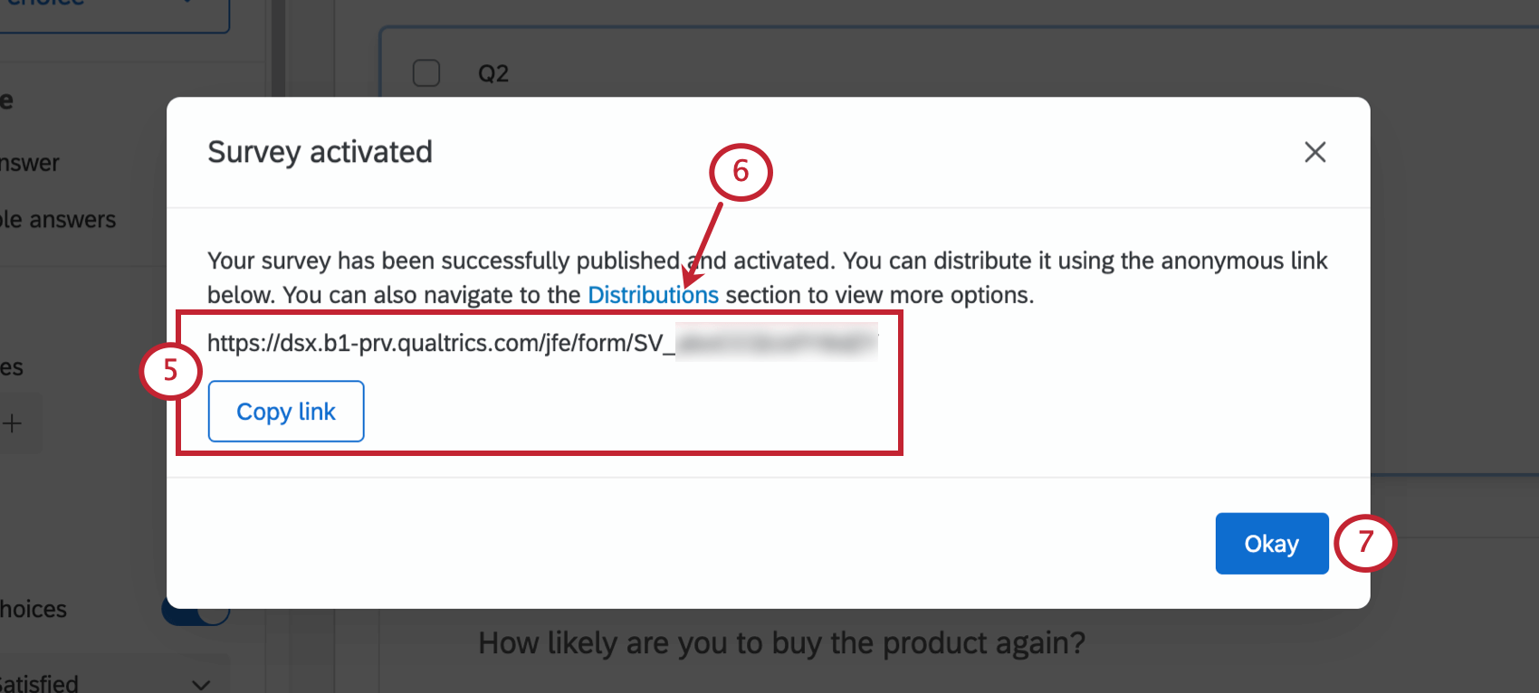 Anonymous link and distributions link on the final survey publish and activate window