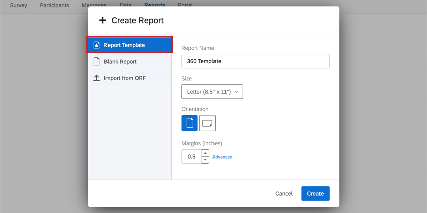 New create report window, template chosen from left. Fields for report name, layout, margins. Save in bottom-right