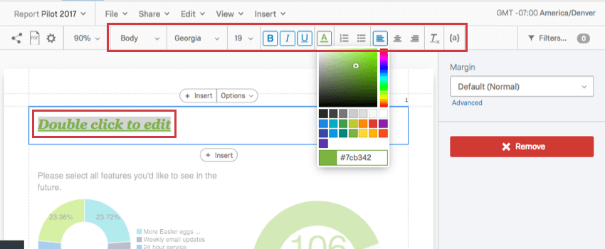 Facendo doppio clic sullarea di testo, viene visualizzato un editor per contenuti avanzati nella parte superiore