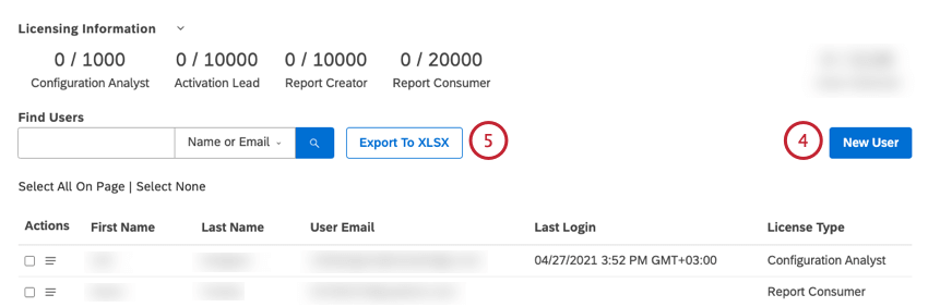 Click the New User button to create and register a new user. Click Export to XLSX to export users to a Microsoft Excel (XLSX) file.