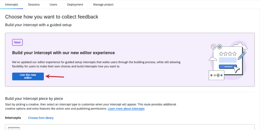 image of new editor along the top of the create new intercept page