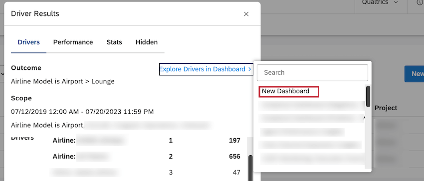 To add a scatter widget to a new dashboard, click New Dashboard at the top of the list.