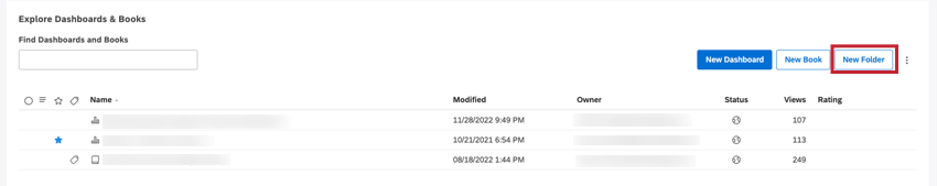 Click the New Folder button on top of the dashboards and books table.