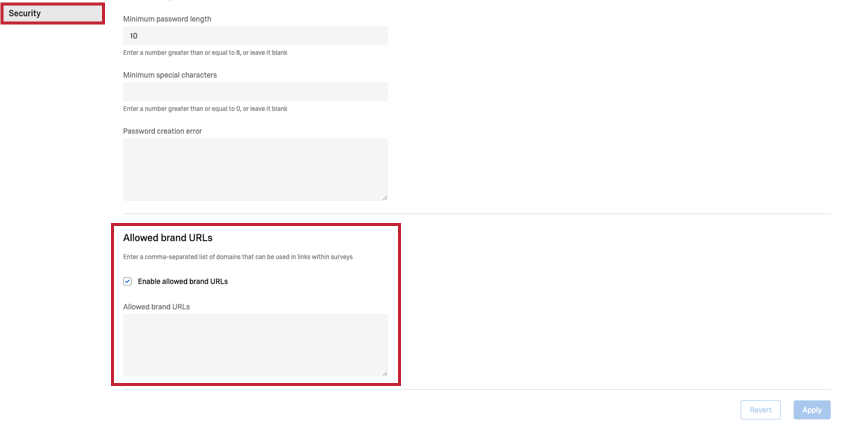 Section "URL dorganisation autorisés" dans longlet "Sécurité"