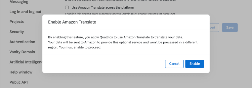 una nuova finestra che chiede di confermare labilitazione di Amazon Translate
