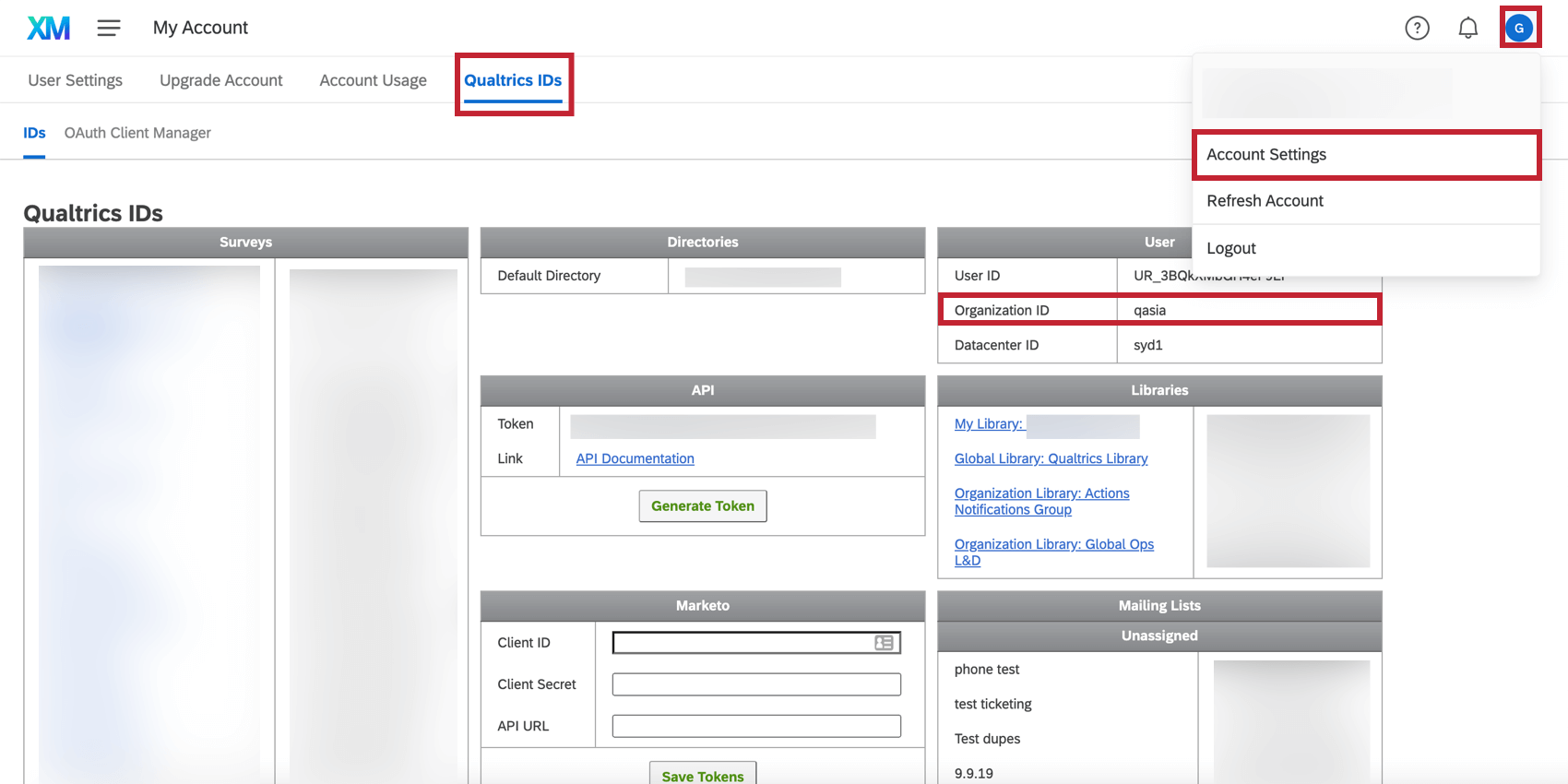Locating the organization ID from the Account Settings