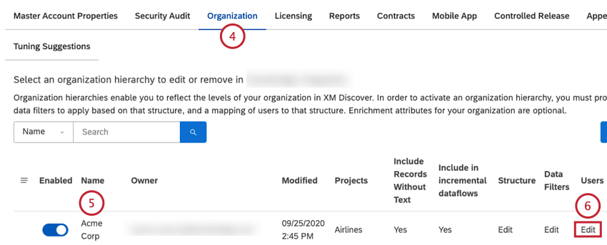 Seleccione la pestaña Organización . Localice la jerarquía de la organización en la lista. Haga clic en el enlace Editar en la columna Usuarios.