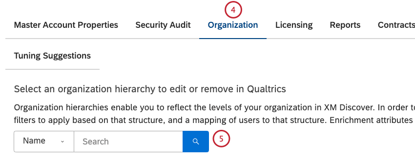 Seleccione la pestaña Organización . Busque la jerarquía de la organización utilizando el filtro Nombre.