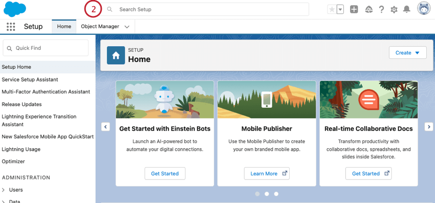 clicar na barra de configuração no salesforce