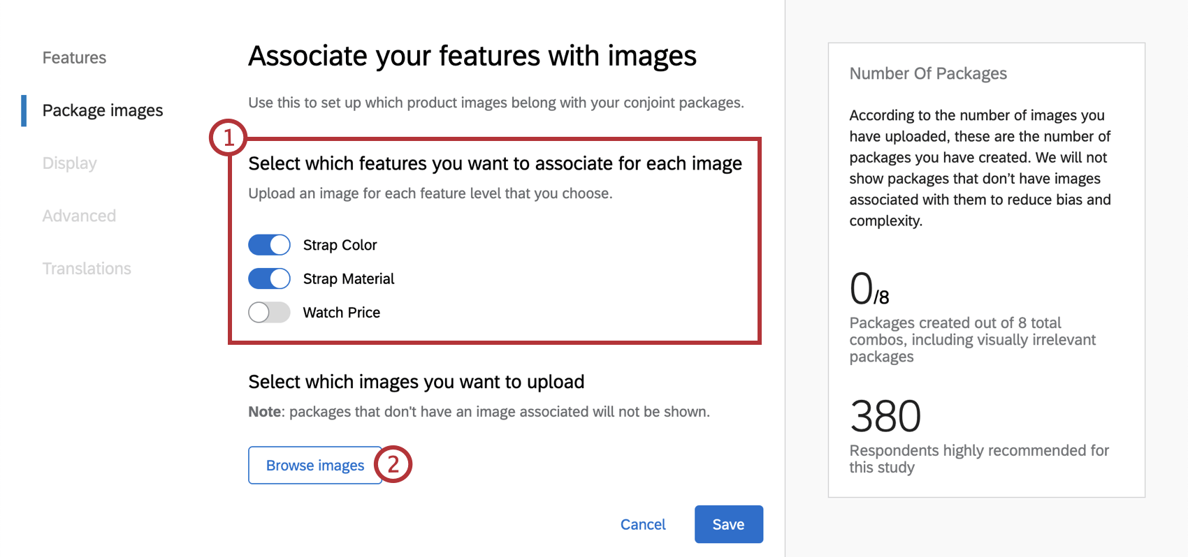 passos para selecionar recursos para associar a imagens e navegar pelas imagens