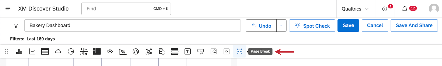 Image of bar along the top of a dashboard in editing mode, highlighting the page break option