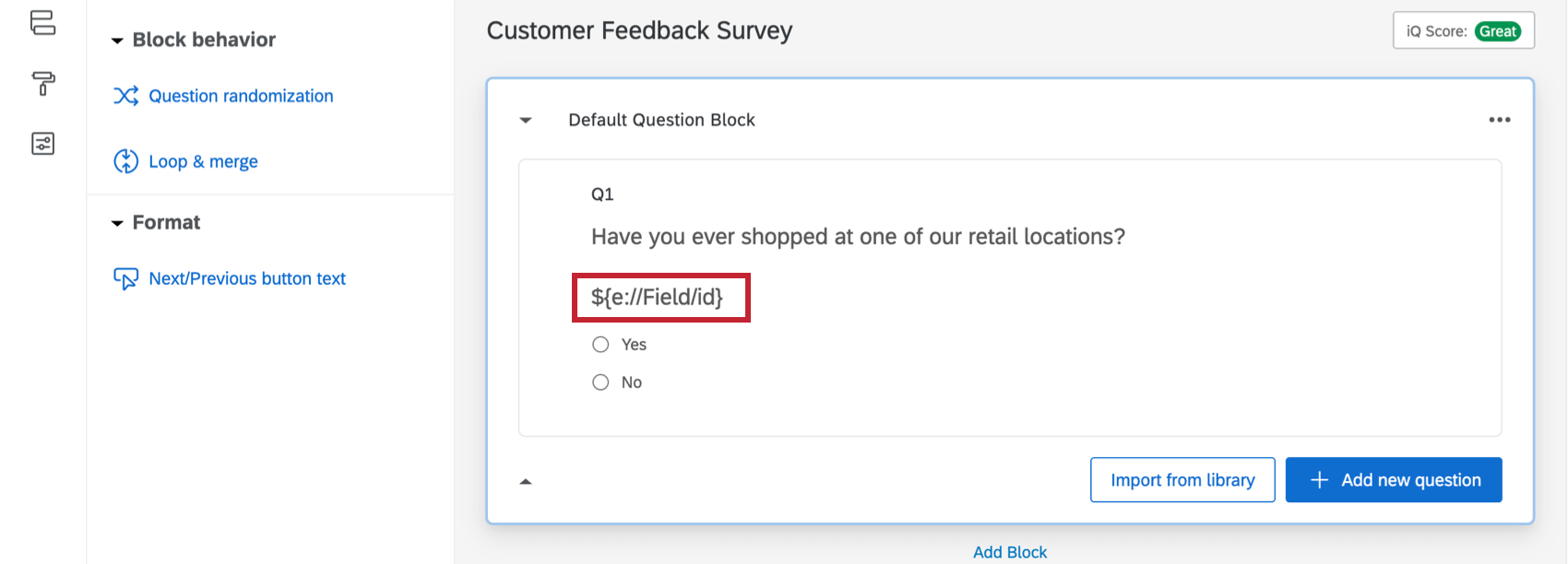 Piped Text code entered into question textbox