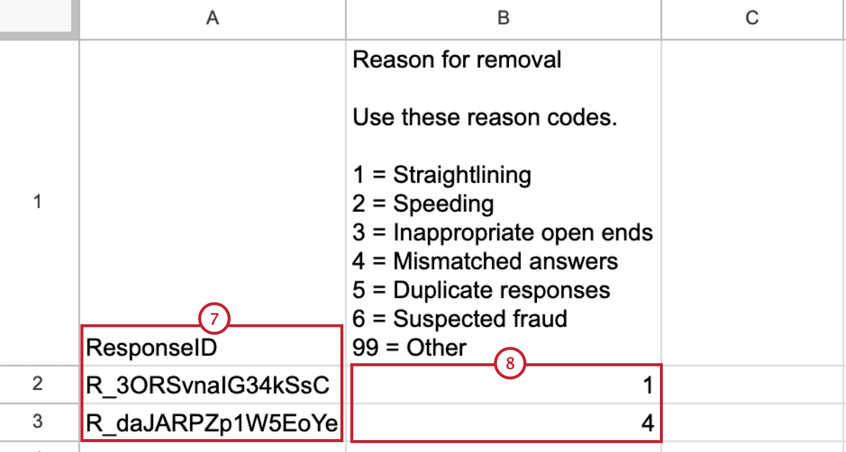 adding response ids and reasons for removal