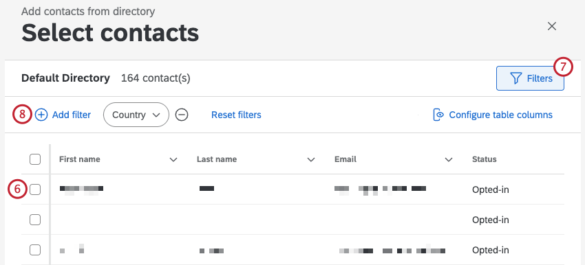 sélection des contacts à ajouter