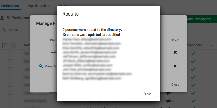Results window explains how many persons were added or updated