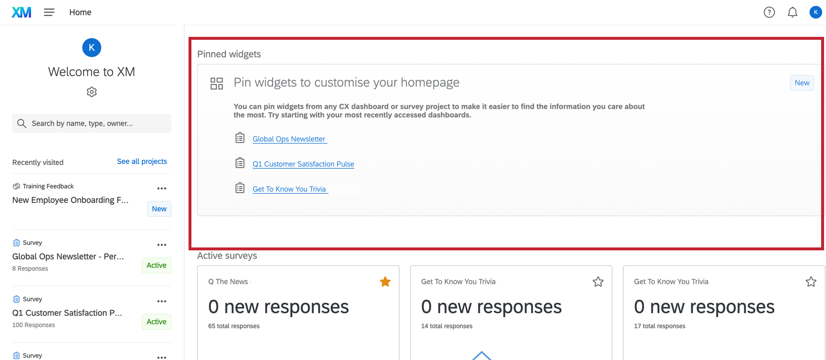 Grauer Bereich oben auf der Startseite, in dem angeheftete Widgets hinzugefügt werden können