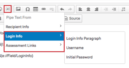 Le opzioni Informazioni di accesso e Link di assessment nel menu Testo trasferito