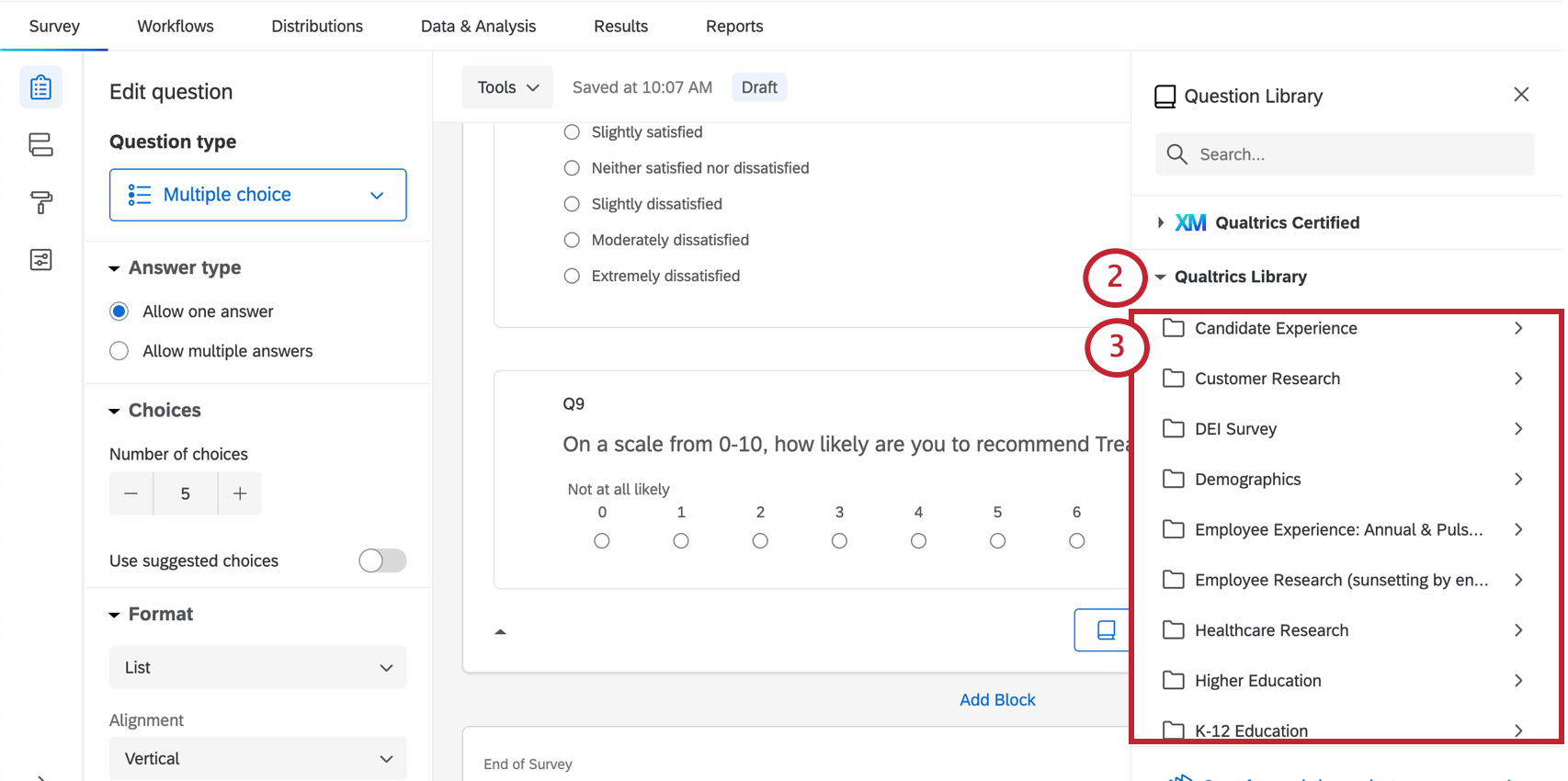 Image of menu opening to right, expanding Qualtrics library, then selecting one of the folders listed