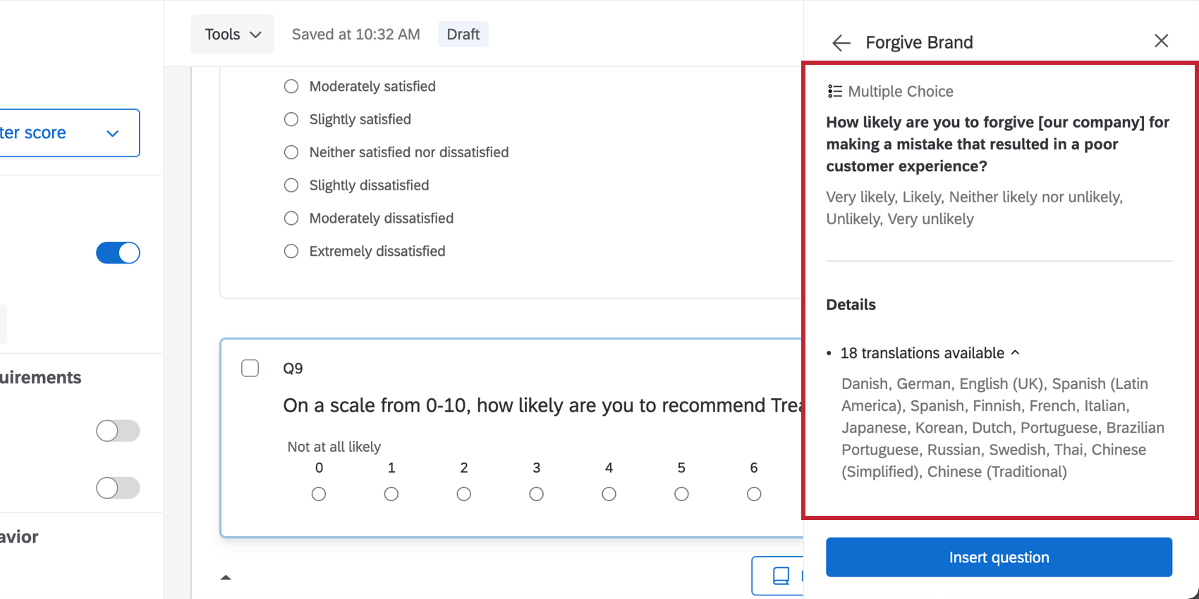 Image shows menu with information on a question, such as the full questions, all options, and the translations available, then an insert button