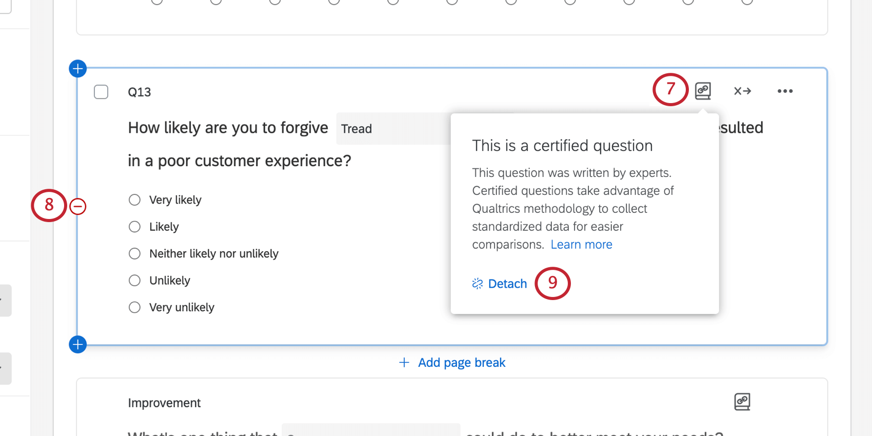 Image of an icon in the upper-right of certified questions, which looks like a linked book. The infotip that opens when you click it says, "This is a certified question. This questions was written by experts. Certified questions take advantage of Qualtrics methodology to collect standardized data for easier comparisons."