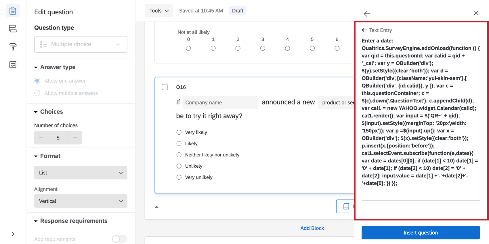 Menu shows a text entry question with "enter a date" and then a wall of code
