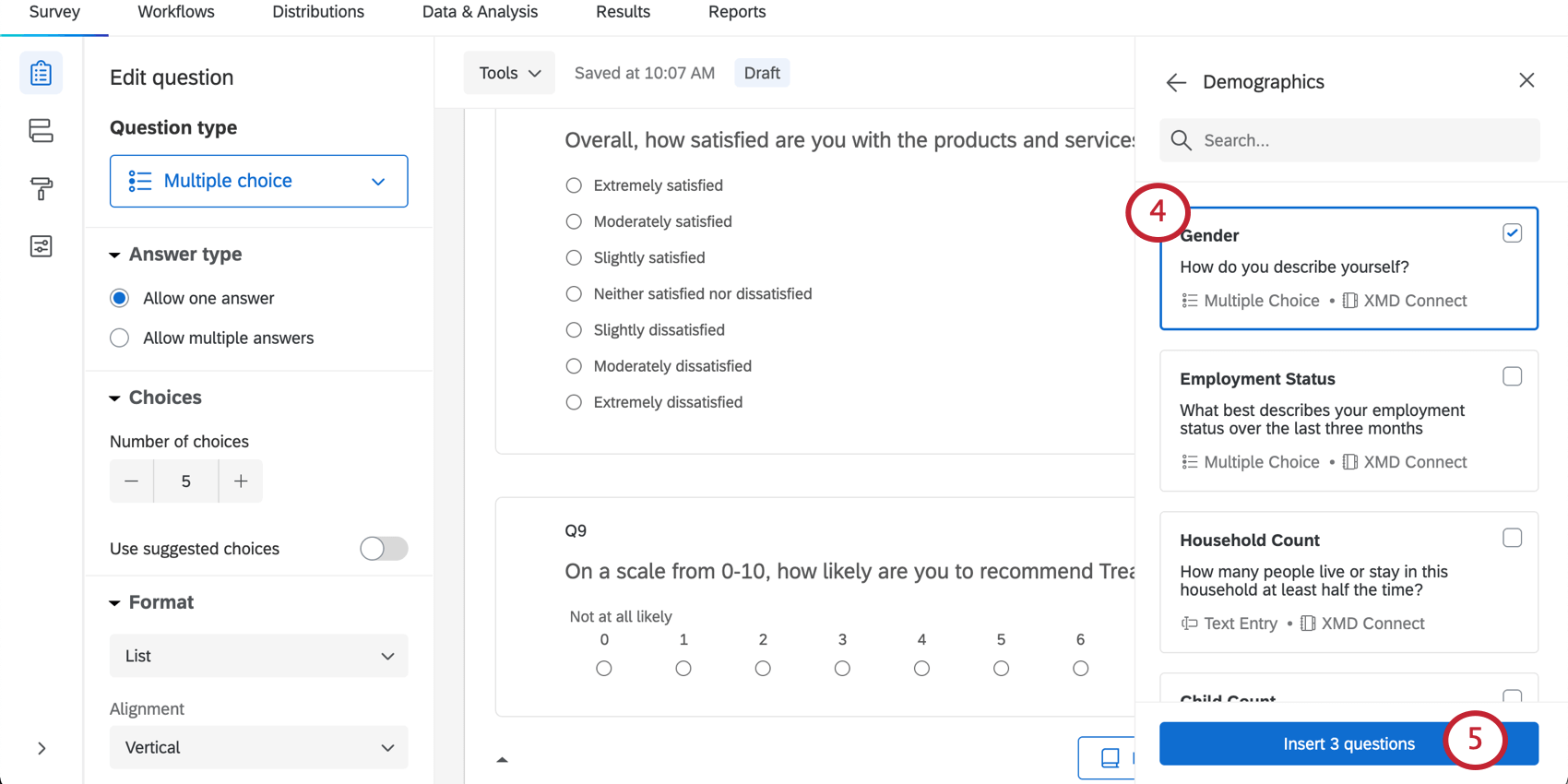 Picture of question selected in menu and the insert button at the bottom