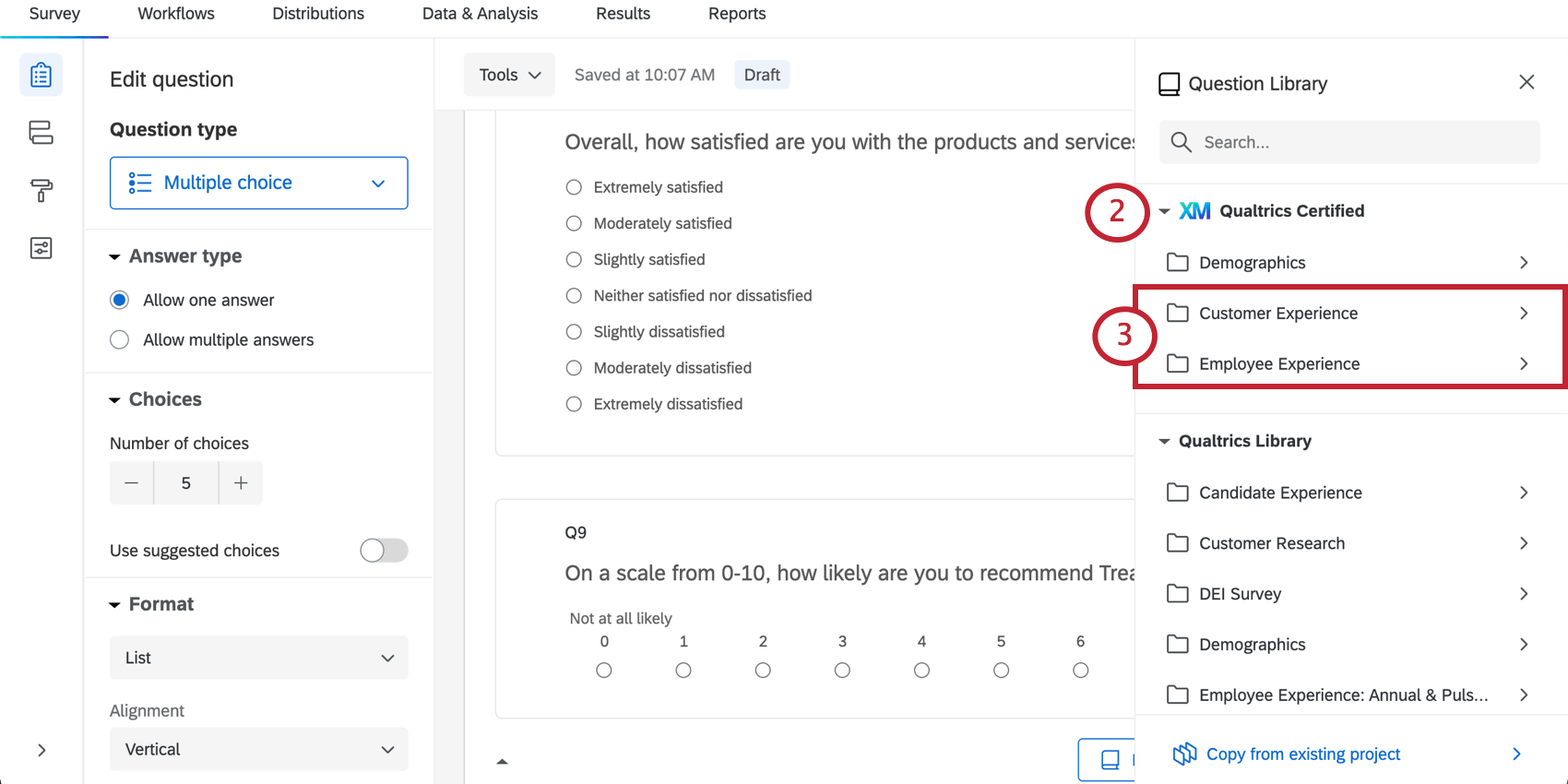 Image of menu opened to right of the survey builder with the Qualtrics certified dropdown expanded
