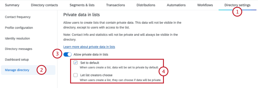 Einstellung zum Zulassen privater Daten in Listen in Verzeichnis