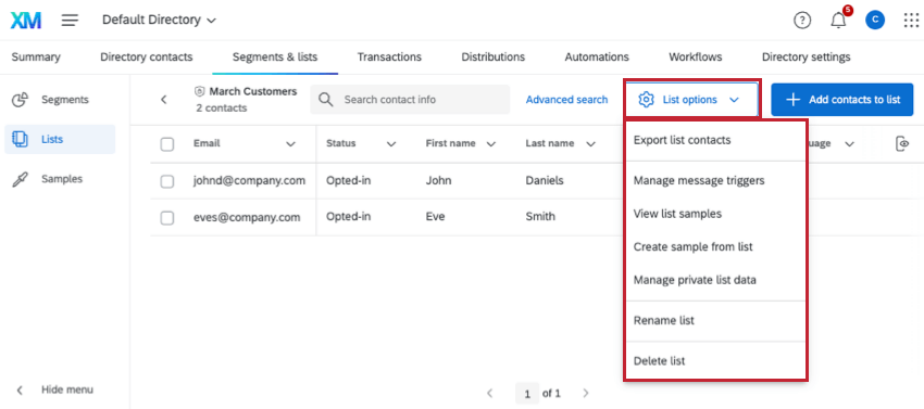 List Options expanded on the upper-right