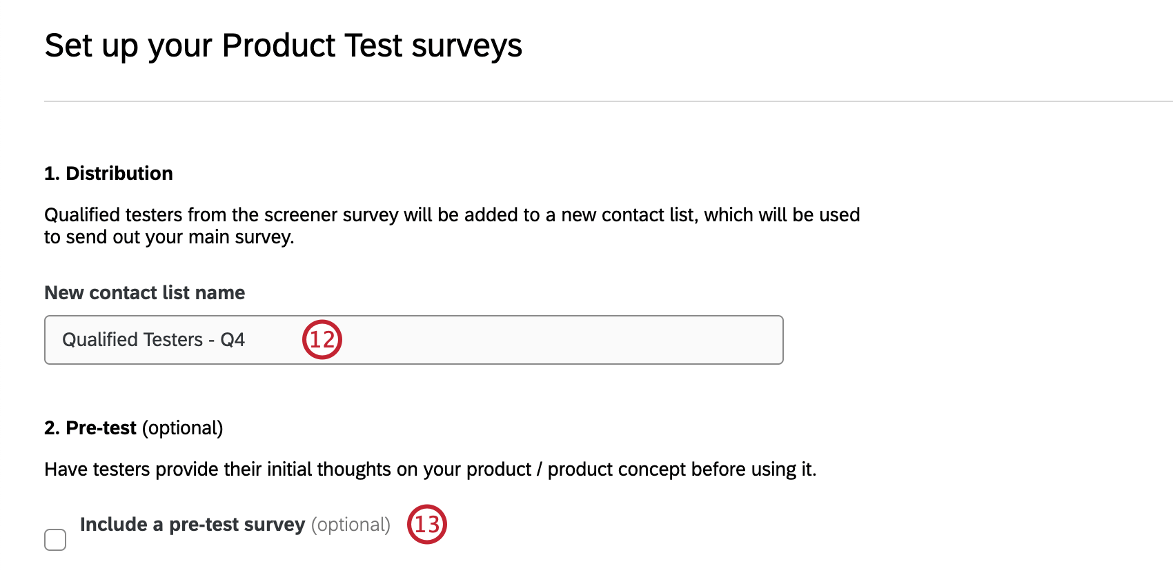 configuration options for setting up product test surveys