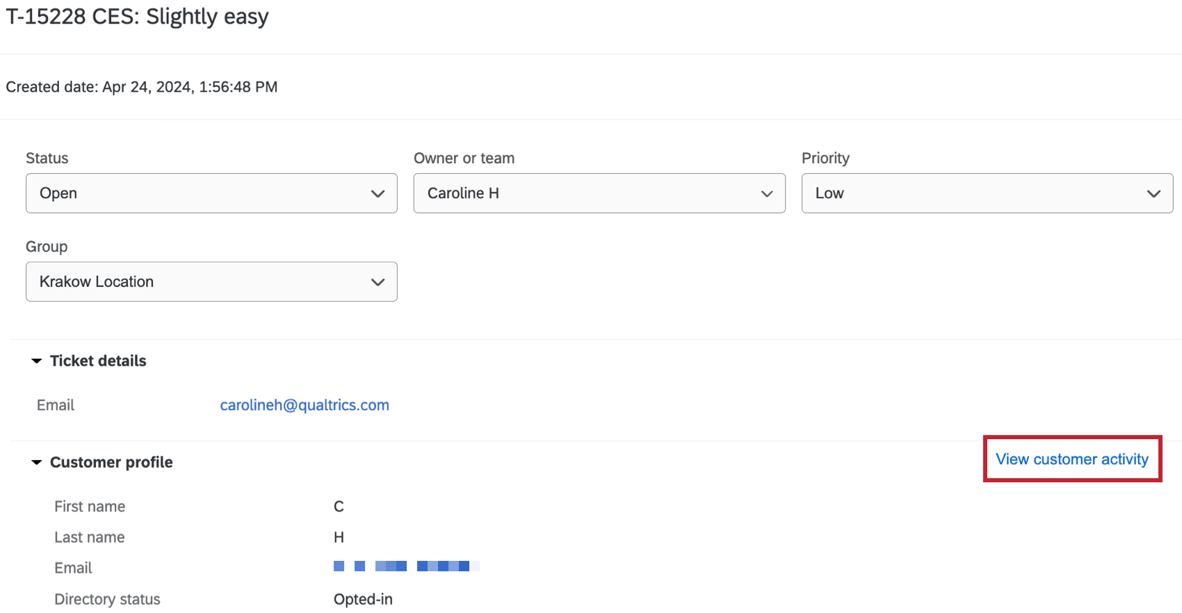 the view customer activity button on a ticket