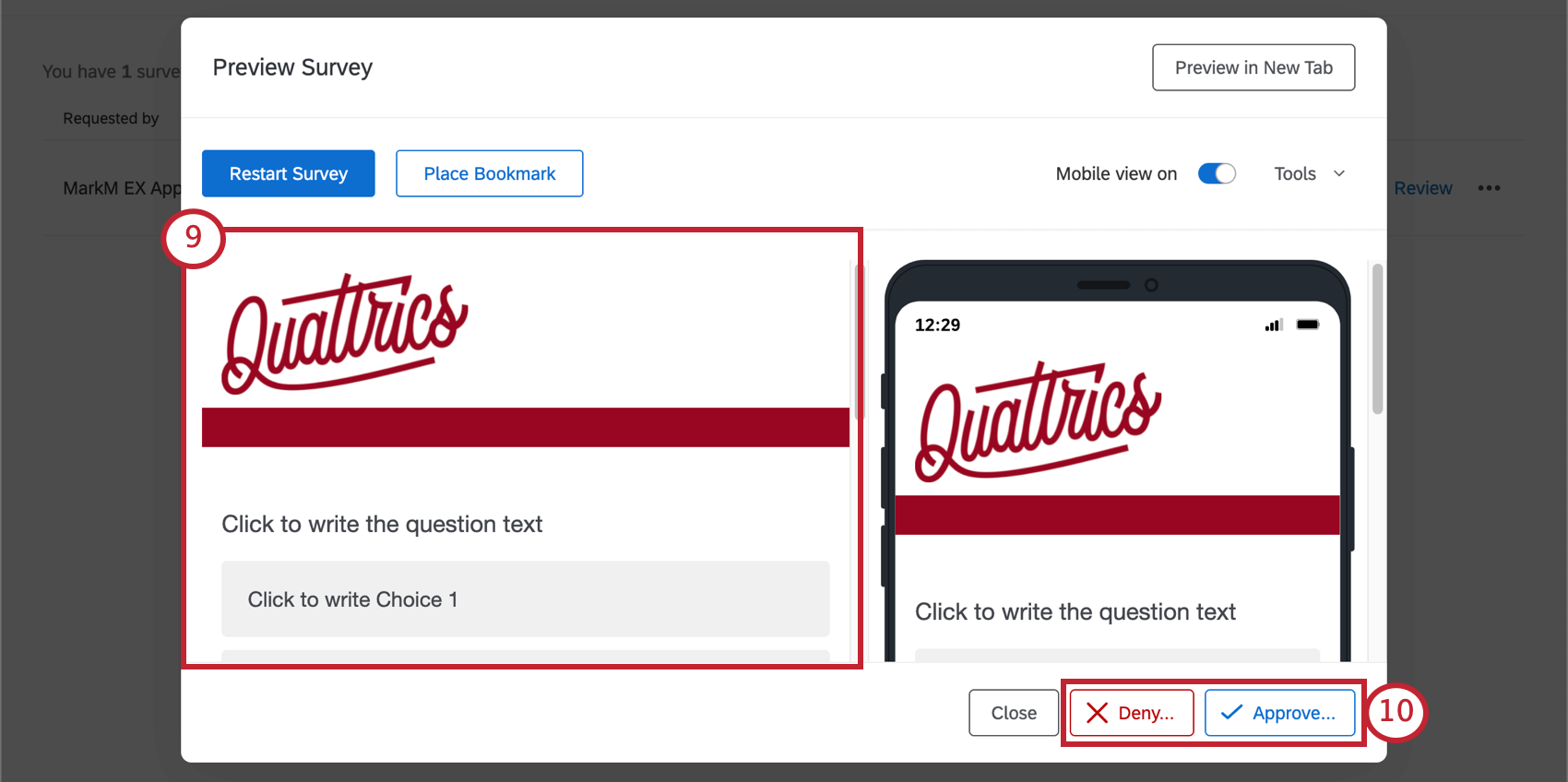 Survey preview window that appears when a survey approver clicks Review