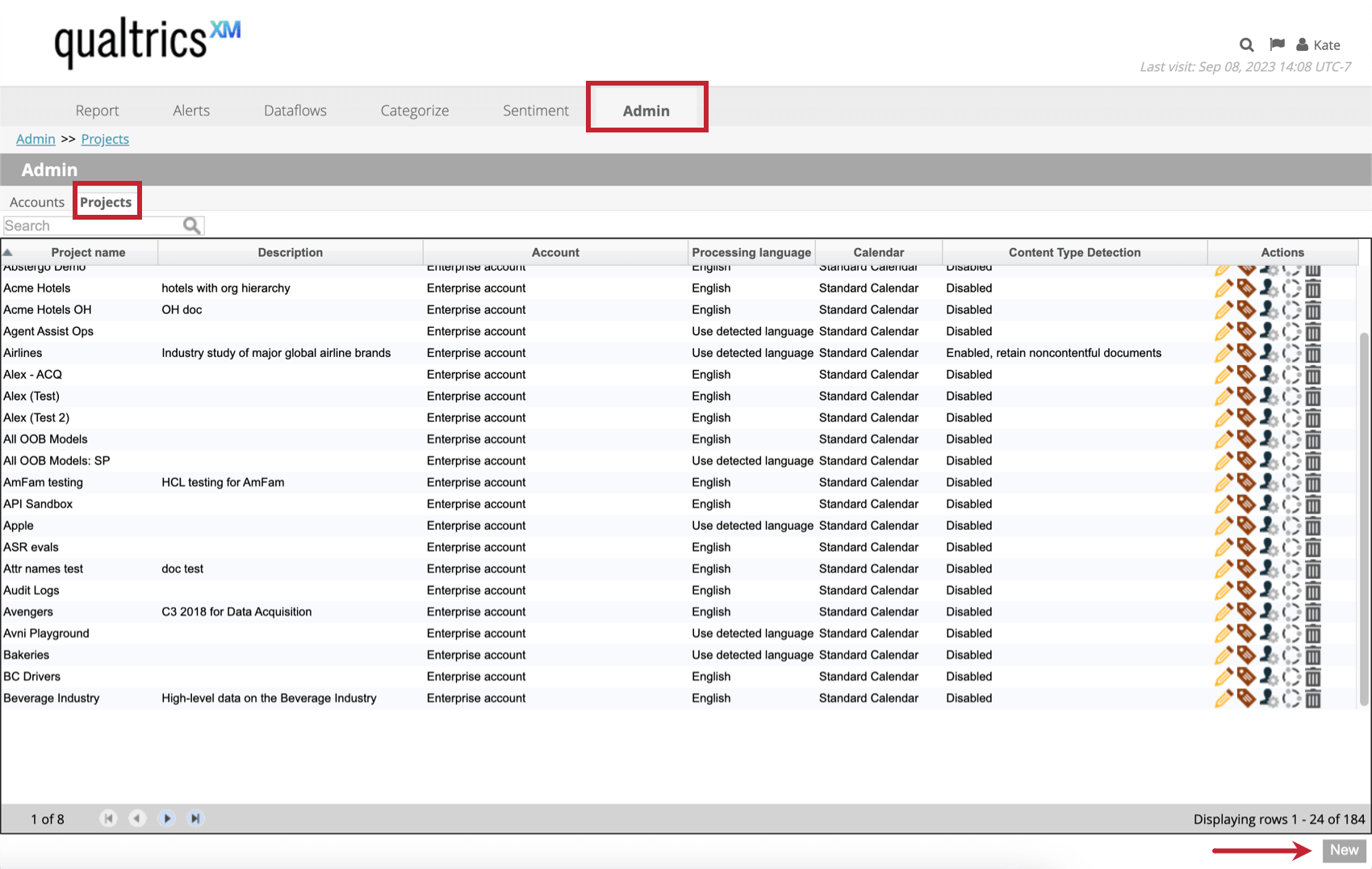 clicking new in the projects section of admin
