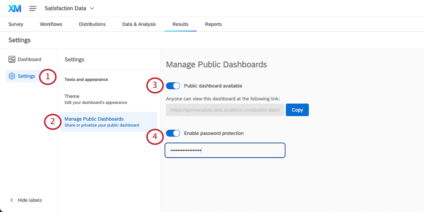 Settings page of results dashboard open, public dashboard button clicked, and the corresponding toggles displayed