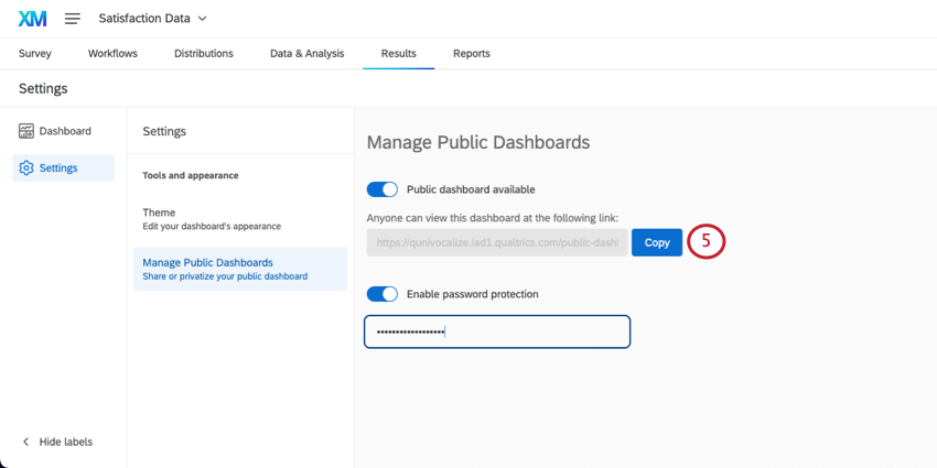 Copy button next to dashboard link is highlighted