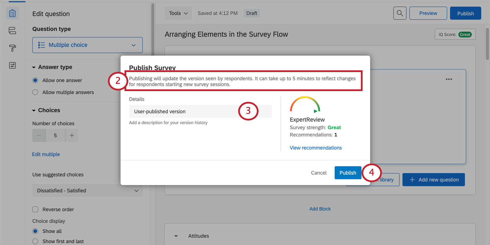 Publish window warning the survey will go active